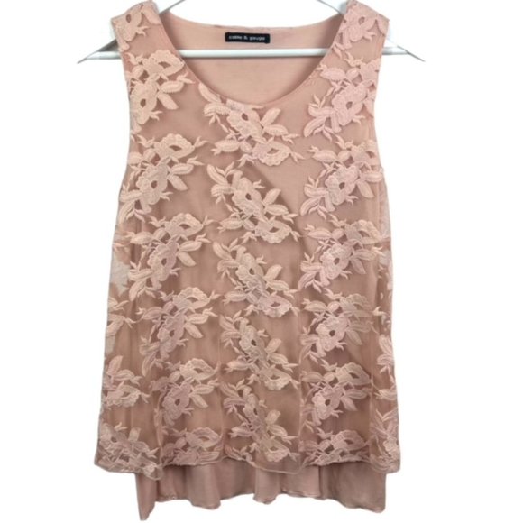 CABLE & GAUGE Womens Light Pink Floral Overlay Sleeveless Blouse - Picture 1 of 7